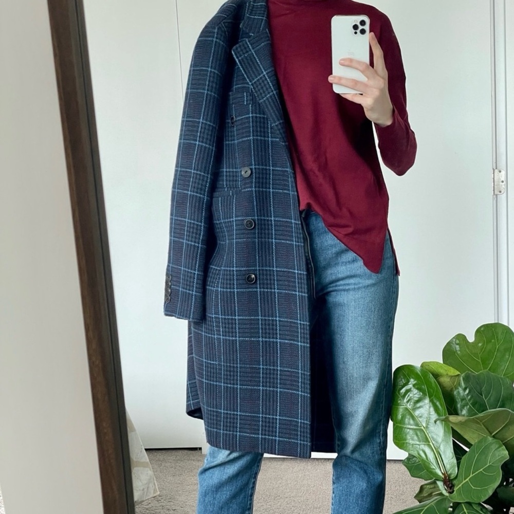 MANGO Navy Blue Plaid Double Breasted Wool Coat Lapels Wool Trench Coat Size XS - Picture 5 of 9